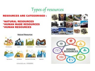 Types of resources
RESOURCES ARE CATEGORISED :
*NATURAL RESOURCES
*HUMAN MADE RESOURCES
*HUMAN RESOURCES
 