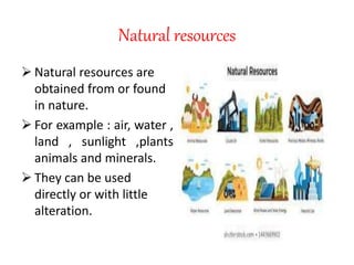 Natural resources
 Natural resources are
obtained from or found
in nature.
 For example : air, water ,
land , sunlight ,plants
animals and minerals.
 They can be used
directly or with little
alteration.
 