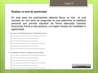 Etapa V
Continuar
Realizar un test de asertividad
En este paso los participantes deberán llenar un test el cual
consiste en una serie de preguntas la cual determina la habilidad
personal que permite expresar de forma adecuada nuestras
emociones frente a otra persona, y lo lograr hacerlo sin hostilidad ni
agresividad.
 