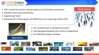 Operations
❖ 50+ professionals in development team
❖ Well equipped Development centre in Hyderabad
❖ ISO 9001:2015 Quality Certified
Performance
❖ 100+ Customers across a broad spectrum of industries and sectors
❖ Excellent track record of Delivery
❖ Experienced Team
❖ Delivered 50+ IETM projects and 5000 Hours of e-Learning content /CBT
 