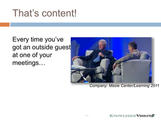 That’s content!

Every time you’ve
got an outside guest
at one of your
meetings…


                                Company: Masie Center/Learning 2011




                       - 11 -
 