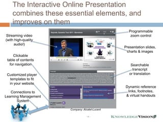 The Interactive Online Presentation
    combines these essential elements, and
    improves on them
                                                  Programmable
Streaming video                                    zoom control
(with high-quality
     audio!)
                                                Presentation slides,
                                                 charts & images
     Clickable
 table of contents
   for navigation                                   Searchable
                                                     transcript
 Customized player                                 or translation
  templates to fit
  in your website
                                                Dynamic reference
   Connections to                                links, footnotes,
Learning Management                             & virtual handouts
       System

                      Company: Alcatel-Lucent

                                 - 16 -
 