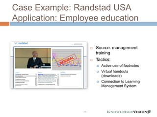 Case Example: Randstad USA
Application: Employee education


                             Source: management
                              training
                             Tactics:
                                 Active use of footnotes
                                 Virtual handouts
                                  (downloads)
                                 Connection to Learning
                                  Management System




                 - 19 -
 