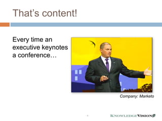 That’s content!

Every time an
executive keynotes
a conference…




                           Company: Marketo



                     -5-
 
