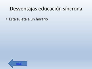 Desventajas educación síncrona
• Está sujeta a un horario

Inicio

 