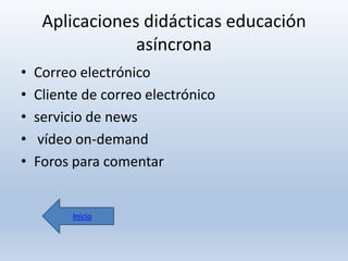 Aplicaciones didácticas educación
asíncrona
•
•
•
•
•

Correo electrónico
Cliente de correo electrónico
servicio de news
vídeo on-demand
Foros para comentar

Inicio

 
