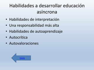 Habilidades a desarrollar educación
asíncrona
•
•
•
•
•

Habilidades de interpretación
Una responsabilidad más alta
Habilidades de autoaprendizaje
Autocrítica
Autovaloraciones

Inicio

 