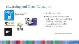 eLearning and Open Education
• freely accessible
• openly licensed documents
and media that are useful for
teaching, learning, and
assessing as well as for
research purposes.
http://www.goopen.no/timeline/
Open Resource for English
Language Teaching
 