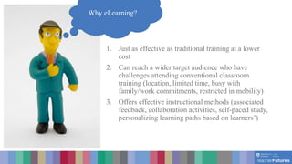 1. Just as effective as traditional training at a lower
cost
2. Can reach a wider target audience who have
challenges attending conventional classroom
training (location, limited time, busy with
family/work commitments, restricted in mobility)
3. Offers effective instructional methods (associated
feedback, collaboration activities, self-paced study,
personalizing learning paths based on learners’)
Why eLearning?
 
