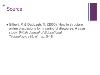 +
    Source

     Gilbert,
             P. & Dabbagh, N. (2005). How to structure
     online discussions for meaningful discourse: A case
     study. British Journal of Educational
     Technology, v36, n1, pp. 5-18.
 