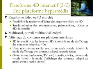 Plateforme 4D interactif (3/5)  Une plateforme hypermédia Plateforme vidéo et 4D enrichie Possibilité de réaliser et d’éditer des séquence vidéo ou 4D Synchronisation des commentaires, présentations, vidéos et 4Ds interactifs Multicanal, portail multimodal intégré Affichage du contenus sur plusieurs interfaces : 3D interactif avec les lunettes 4D (choisir le mode d’affichage des contenus adapté au 4D) Ultra micro-écran tactile avec commande vocale (choisir le mode d’affichage des contenus adapté au petit écran) Grand écran (ordinateur, TV, etc.) : tactile, clavier, commande vocale (choisir le mode d’affichage des contenus adapté au grand écran : tactile ou pas) 