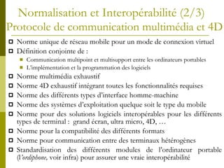 Normalisation et Interopérabilité (2/3)    Protocole de communication multimédia et  4 D Norme unique de réseau mobile   pour un mode de connexion virtuel  Définition conjointe de : Communication multipoint et multisupport entre les ordinateurs portables L ’implémentation et la programmation des logiciels  Norme multimédia exhaustif Norme 4D exhaustif intégrant toutes les fonctionnalités requises  Norme des différents types d’interface homme-machine Norme des systèmes d’exploitation quelque soit le type du mobile  Norme pour des solutions logiciels interop érables pour les différents types de terminal :  grand écran, ultra micro, 4D, … Norme pour la compatibilité des différents formats Norme pour communication entre des terminaux hétérogènes Standardisation des différents modules de l’ordinateur portable (l ’ordiphone,  voir infra) pour assurer une vraie interopérabilité 