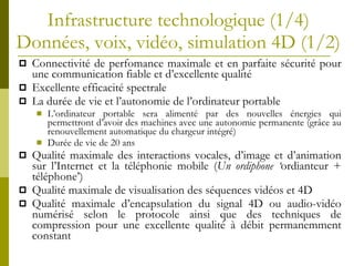 Infrastructure technologique  (1/4)  Donn ées, v oix, vid éo, simulation 4D (1/2)   Connectivité de perfomance maximale et en parfaite sécurité pour une communication fiable et d’excellente qualité Excellente efficacité spectrale  La durée de vie et l’autonomie de l’ordinateur portable L’ordinateur portable sera alimenté par des nouvelles énergies qui permettront d’avoir des machines avec une autonomie permanente (grâce au renouvellement automatique du chargeur intégré) Durée de vie de 20 ans Qualité maximale des interactions vocales, d’image et d’animation sur l’Internet et la téléphonie mobile ( Un ordiphone ‘ ordianteur + téléphone’) Qualité maximale de visualisation des séquences vidéos et 4D Qualité maximale d’encapsulation du signal 4D ou audio-vidéo numérisé selon le protocole ainsi que des techniques de compression pour une excellente qualité à débit permanemment constant 