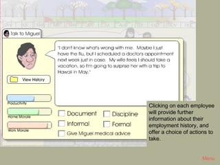 Productivity 2




                 Clicking on each employee
                 will provide further
                 information about their
                 employment history, and
                 offer a choice of actions to
                 take.


                                       Menu
 