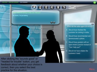 Motorola5




After clicking the “sounds good” or
“headed for trouble” button, you get
feedback about whether your choice is
correct, then you select the best
                                            Menu
practice for the situation.
 