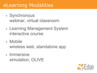 eLearning ModalitiesSynchronous webinar, virtual classroomLearning Management System interactive courseMobile wireless web, standalone appImmersive simulation, OLIVE