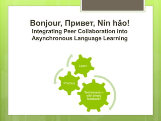 Bonjour, Привет, Nín hǎo!
Integrating Peer Collaboration into
Asynchronous Language Learning
Test/assess –
with timely
feedback!
Practice
Learn
 