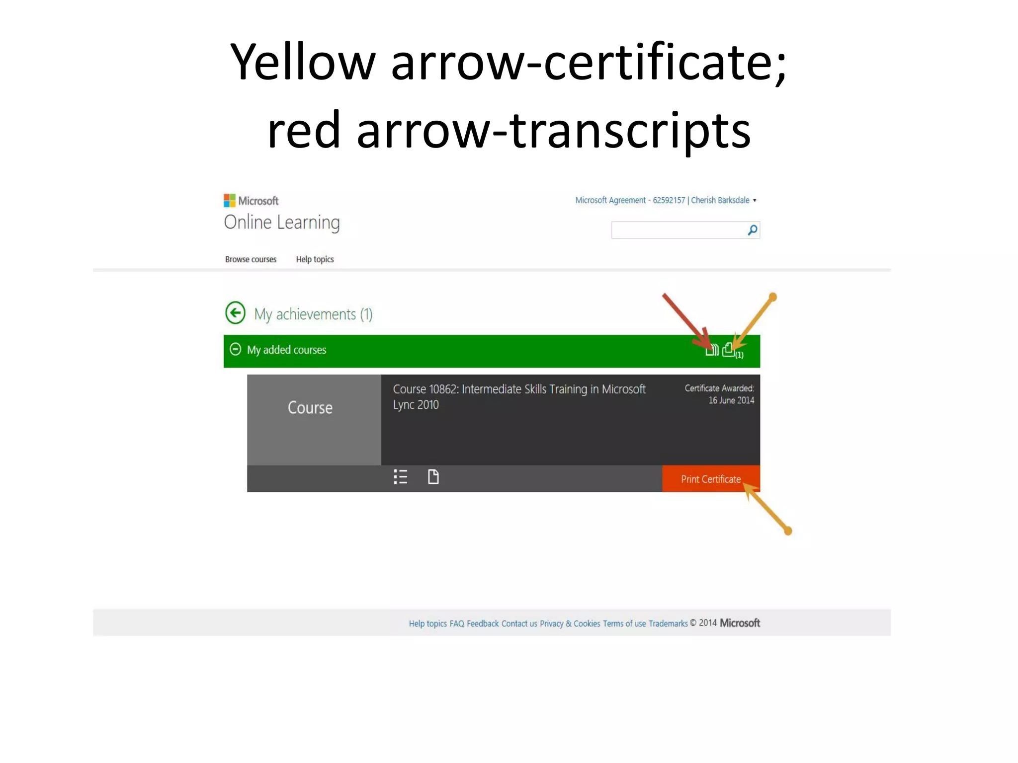 Yellow arrow-certificate; red arrow-transcripts  