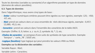 Toute les données (variable ou constante) d'un algorithme possède un type de données
(domaine de valeurs possibles).
6.3. Types de données
Dans l'algorithmique, nous avons cinq types de base :
- Entier :valeur numériques entières pouvant être signées ou non signées, exemple: 125; - 450;
-67; etc.
- Réel: prend ses valeurs dans un sous-ensemble de réels décimaux signés, exemple: -0,457;
12,680; -45,3; etc.
- Caractère : prend ses valeurs dans l'ensemble des caractères de la table ASCII.
Exemple: Chiffre: 0..9; lettre: a..z ou A..Z; symbole: &; *; $; etc.
-Chaîne de caractère : se compose d'une suite de symboles de type caractère. Exemple:
‘bonjour’ ; ‘ carte_78’ ;’1010’;etc.
-Logique (booléen): type logique qui peut prendre les valeurs VRAI ou FAUX.
Exemples sur la déclaration des variables :
Variable Rayon : Réel;
Variable Lettre : Caractère;
 