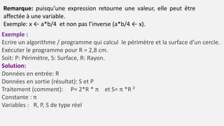Exemple :
Ecrire un algorithme / programme qui calcul le périmètre et la surface d’un cercle.
Exécuter le programme pour R = 2,8 cm.
Soit: P: Périmètre, S: Surface, R: Rayon.
Solution:
Données en entrée: R
Données en sortie (résultat): S et P
Traitement (comment): P= 2*R * π et S= π *R ²
Constante : π
Variables : R, P, S de type réel
Remarque: puisqu’une expression retourne une valeur, elle peut être
affectée à une variable.
Exemple: x ← a*b/4 et non pas l’inverse (a*b/4 ← x).
 