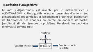 Le mot « Algorithme » est inventé par le mathématicien «
ALKHAWARISMI ». Un algorithme est un ensemble d'actions (ou
d'instructions) séquentielles et logiquement ordonnées, permettant
de transformer des données en entrée en données de sorties
(résultats), afin de résoudre un problème. Un algorithme peut être
schématisé comme suit :
2.Définitiond’unalgorithme:
Données en entrée Données en sortie
(résultats)
Ordinateur
Algorithme
Problème
 