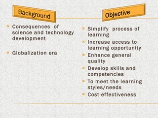 Consequences  of  science and technology development Globalization era Simplify  process of learning Increase access to learning opportunity Enhance general quality Develop skills and competencies To meet the learning styles/needs Cost effectiveness 