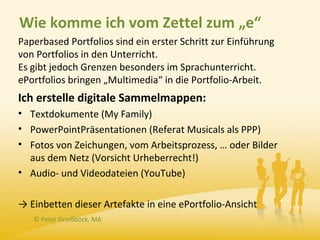 Wie komme ich vom Zettel zum „e“
Paperbased Portfolios sind ein erster Schritt zur Einführung
von Portfolios in den Unterricht.
Es gibt jedoch Grenzen besonders im Sprachunterricht.
ePortfolios bringen „Multimedia“ in die Portfolio-Arbeit.
Ich erstelle digitale Sammelmappen:
• Textdokumente (My Family)
• PowerPointPräsentationen (Referat Musicals als PPP)
• Fotos von Zeichungen, vom Arbeitsprozess, … oder Bilder
  aus dem Netz (Vorsicht Urheberrecht!)
• Audio- und Videodateien (YouTube)

→ Einbetten dieser Artefakte in eine ePortfolio-Ansicht
   © Peter Groißböck, MA
 