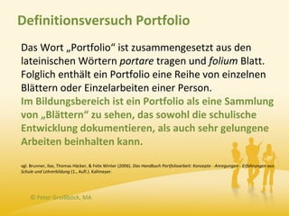 Definitionsversuch Portfolio
Das Wort „Portfolio“ ist zusammengesetzt aus den
lateinischen Wörtern portare tragen und folium Blatt.
Folglich enthält ein Portfolio eine Reihe von einzelnen
Blättern oder Einzelarbeiten einer Person.
Im Bildungsbereich ist ein Portfolio als eine Sammlung
von „Blättern“ zu sehen, das sowohl die schulische
Entwicklung dokumentieren, als auch sehr gelungene
Arbeiten beinhalten kann.
vgl. Brunner, Ilse, Thomas Häcker, & Felix Winter (2006). Das Handbuch Portfolioarbeit: Konzepte - Anregungen - Erfahrungen aus
Schule und Lehrerbildung (1., Aufl.). Kallmeyer.




    © Peter Groißböck, MA
 