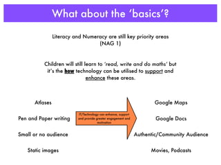 What about the ‘basics’?

                Literacy and Numeracy are still key priority areas
                                  (NAG 1)



          Children will still learn to ‘read, write and do maths’ but
           it’s the how technology can be utilised to support and
                               enhance these areas.



      Atlases                                                          Google Maps

                           IT/Technology can enhance, support
Pen and Paper writing      and provide greater engagement and           Google Docs
                                        motivation



Small or no audience                                            Authentic/Community Audience


   Static images                                                      Movies, Podcasts
 