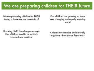 We are preparing children for THEIR future

We are preparing children for THEIR     Our children are growing up in an
future, a future we are uncertain of.   ever changing and rapidly evolving
                                                      world



Knowing ‘stuff’ is no longer enough.
                                        Children are creative and naturally
 Our children need to be actively
                                        inquisitive - how do we foster this?
      involved and creative.
 