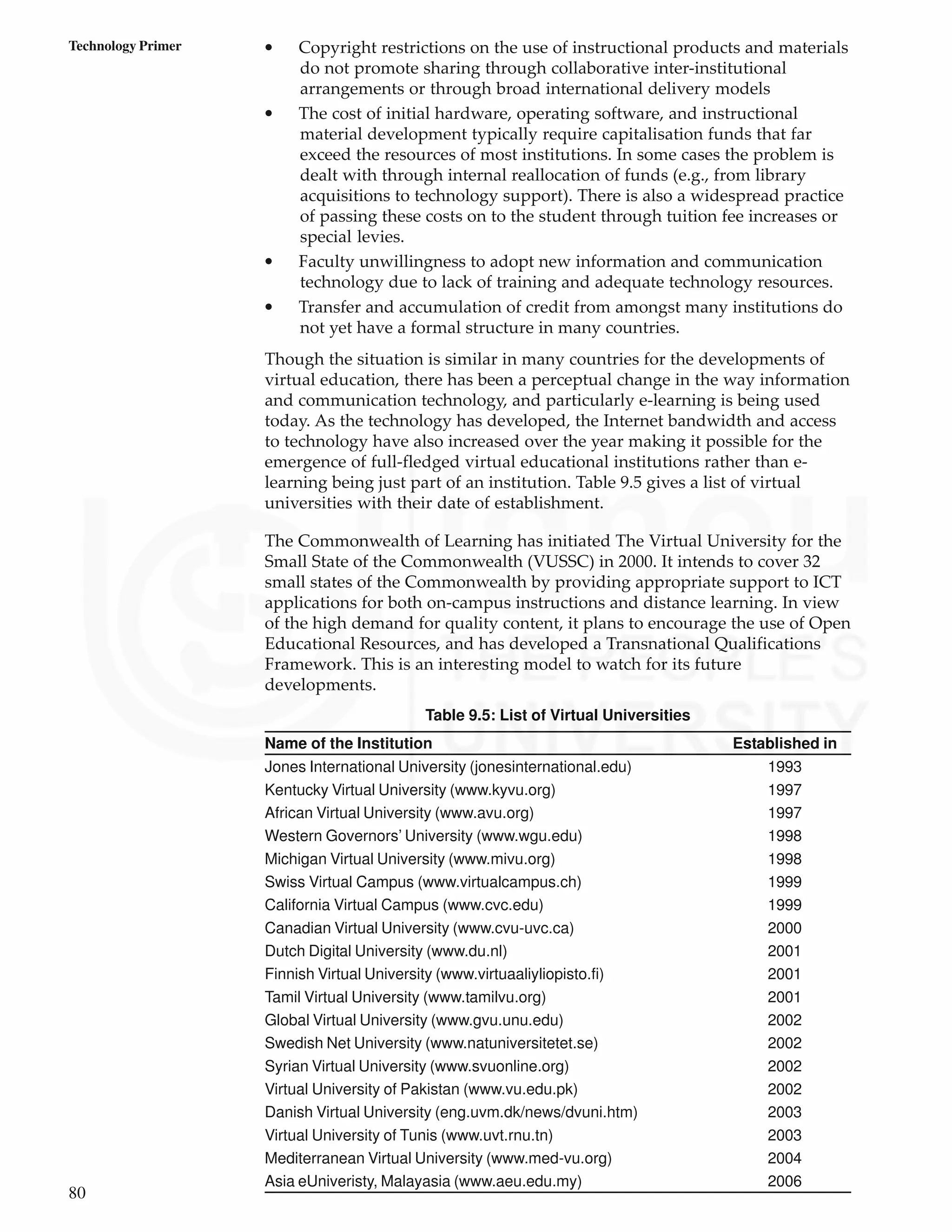 80
Technology Primer • Copyright restrictions on the use of instructional products and materials
do not promote sharing through collaborative inter-institutional
arrangements or through broad international delivery models
• The cost of initial hardware, operating software, and instructional
material development typically require capitalisation funds that far
exceed the resources of most institutions. In some cases the problem is
dealt with through internal reallocation of funds (e.g., from library
acquisitions to technology support). There is also a widespread practice
of passing these costs on to the student through tuition fee increases or
special levies.
• Faculty unwillingness to adopt new information and communication
technology due to lack of training and adequate technology resources.
• Transfer and accumulation of credit from amongst many institutions do
not yet have a formal structure in many countries.
Though the situation is similar in many countries for the developments of
virtual education, there has been a perceptual change in the way information
and communication technology, and particularly e-learning is being used
today. As the technology has developed, the Internet bandwidth and access
to technology have also increased over the year making it possible for the
emergence of full-fledged virtual educational institutions rather than e-
learning being just part of an institution. Table 9.5 gives a list of virtual
universities with their date of establishment.
The Commonwealth of Learning has initiated The Virtual University for the
Small State of the Commonwealth (VUSSC) in 2000. It intends to cover 32
small states of the Commonwealth by providing appropriate support to ICT
applications for both on-campus instructions and distance learning. In view
of the high demand for quality content, it plans to encourage the use of Open
Educational Resources, and has developed a Transnational Qualifications
Framework. This is an interesting model to watch for its future
developments.
Table 9.5: List of Virtual Universities
Name of the Institution Established in
Jones International University (jonesinternational.edu) 1993
Kentucky Virtual University (www.kyvu.org) 1997
African Virtual University (www.avu.org) 1997
Western Governors’ University (www.wgu.edu) 1998
Michigan Virtual University (www.mivu.org) 1998
Swiss Virtual Campus (www.virtualcampus.ch) 1999
California Virtual Campus (www.cvc.edu) 1999
Canadian Virtual University (www.cvu-uvc.ca) 2000
Dutch Digital University (www.du.nl) 2001
Finnish Virtual University (www.virtuaaliyliopisto.fi) 2001
Tamil Virtual University (www.tamilvu.org) 2001
Global Virtual University (www.gvu.unu.edu) 2002
Swedish Net University (www.natuniversitetet.se) 2002
Syrian Virtual University (www.svuonline.org) 2002
Virtual University of Pakistan (www.vu.edu.pk) 2002
Danish Virtual University (eng.uvm.dk/news/dvuni.htm) 2003
Virtual University of Tunis (www.uvt.rnu.tn) 2003
Mediterranean Virtual University (www.med-vu.org) 2004
Asia eUniveristy, Malayasia (www.aeu.edu.my) 2006
 
