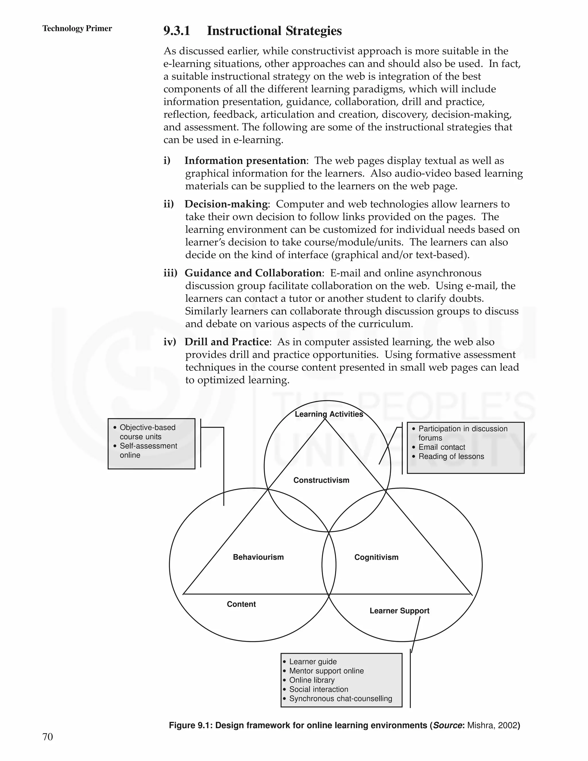70
Technology Primer 9.3.1 Instructional Strategies
As discussed earlier, while constructivist approach is more suitable in the
e-learning situations, other approaches can and should also be used. In fact,
a suitable instructional strategy on the web is integration of the best
components of all the different learning paradigms, which will include
information presentation, guidance, collaboration, drill and practice,
reflection, feedback, articulation and creation, discovery, decision-making,
and assessment. The following are some of the instructional strategies that
can be used in e-learning.
i) Information presentation: The web pages display textual as well as
graphical information for the learners. Also audio-video based learning
materials can be supplied to the learners on the web page.
ii) Decision-making: Computer and web technologies allow learners to
take their own decision to follow links provided on the pages. The
learning environment can be customized for individual needs based on
learner’s decision to take course/module/units. The learners can also
decide on the kind of interface (graphical and/or text-based).
iii) Guidance and Collaboration: E-mail and online asynchronous
discussion group facilitate collaboration on the web. Using e-mail, the
learners can contact a tutor or another student to clarify doubts.
Similarly learners can collaborate through discussion groups to discuss
and debate on various aspects of the curriculum.
iv) Drill and Practice: As in computer assisted learning, the web also
provides drill and practice opportunities. Using formative assessment
techniques in the course content presented in small web pages can lead
to optimized learning.
Figure 9.1: Design framework for online learning environments (Source: Mishra, 2002)
Learner Support
Learning Activities
Constructivism
Cognitivism
Behaviourism
Content
• Objective-based
course units
• Self-assessment
online
• Participation in discussion
forums
• Email contact
• Reading of lessons
• Learner guide
• Mentor support online
• Online library
• Social interaction
• Synchronous chat-counselling
 