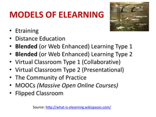 MODELS OF ELEARNING
•   Etraining
•   Distance Education
•   Blended (or Web Enhanced) Learning Type 1
•   Blended (or Web Enhanced) Learning Type 2
•   Virtual Classroom Type 1 (Collaborative)
•   Virtual Classroom Type 2 (Presentational)
•   The Community of Practice
•   MOOCs (Massive Open Online Courses)
•   Flipped Classroom

          Source: http://what-is-elearning.wikispaces.com/
 