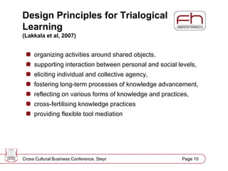 Page 11
Design Principles for Trialogical
Learning
(Lakkala et al, 2007)
organizing activities around shared objects,
supporting interaction between personal and social levels,
eliciting individual and collective agency,
fostering long-term processes of knowledge advancement,
reflecting on various forms of knowledge and practices,
cross-fertilising knowledge practices
providing flexible tool mediation
Cross Cultural Business Conference, Steyr Page 10
 