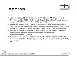 Page 14
References
Jadin, T. & Gaisch, M. (2014). Extending the MOOCversity. A Multi-Layered and
Diversified Lens for MOOC In U. Cress & C. Delgado Kloos, (Eds.), Proceedings of the
European MOOC Stakeholder Summit 2014 (pp.73-79).
Lakkala, M., Muukkonen, H., Paavola, S., & Rämö, E. (2007) Pedagogical Design for
Trialogical Approach on Learning. A paper presented at the 12th Biennial Conference for
Research on Learning and Instruction (EARLI), Aug 28 – Sept 1, Budapest, Hungary.
McAuley, A., Stewart, B., Siemens, G. & Courmier, D. (2010). The MOOC Model for
Digital Practice. Retrieved from http://davecormier.com/edblog/wp-
content/uploads/MOOC_Final.pdf
Paavola, S., Lipponen, L. & Hakkarainen, K. (2004). Models of Innovative Knowledge
Communities and Three Metaphors of Learning. Review of Educational Research, 74(4),
pp. 557-576.
Cross Cultural Business Conference, Steyr Page 14
 