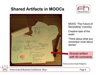 Page 9
Shared Artifacts in MOOCs
Cross Cultural Business Conference, Steyr Page 8
Picture by Ana Paula Pellegrino
MOOC “The Future of
Storytelling” (iversity).
Creative task of the
week:
“Think about what you
remember most about
stories”
Shared artifact
with 90 comments
 