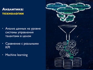 Аналитика:
технологии
• Анализ данных на уровне
системы управления
талантами в целом
• Сравнение с реальными
KPI
• Machine learning
 