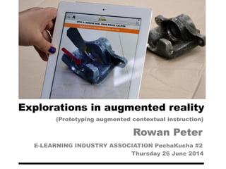 Explorations in augmented reality
E-LEARNING INDUSTRY ASSOCIATION PechaKucha #2
Thursday 26 June 2014
Rowan Peter
(Prototyping augmented contextual instruction)
 