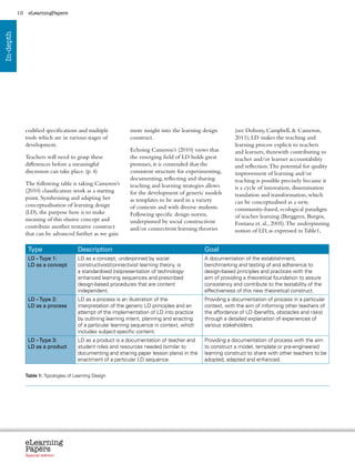 10    eLearningPapers
In-depth




                codified specifications and multiple              more insight into the learning design              (see Dobozy, Campbell,  Cameron,
                tools which are in various stages of              construct.                                         2011); LD makes the teaching and
                development.                                                                                         learning process explicit to teachers
                                                                  Echoing Cameron’s (2010) views that                and learners, therewith contributing to
                Teachers will need to grasp these                 the emerging field of LD holds great               teacher and/or learner accountability
                differences before a meaningful                   promises, it is contended that the                 and reflection. The potential for quality
                discussion can take place. (p. 4)                 consistent structure for experimenting,            improvement of learning and/or
                                                                  documenting, reflecting and sharing                teaching is possible precisely because it
                The following table is taking Cameron’s           teaching and learning strategies allows            is a cycle of innovation, dissemination
                (2010) classification work as a starting          for the development of generic models              translation and transformation, which
                point. Synthesising and adapting her              as templates to be used in a variety               can be conceptualised as a new,
                conceptualisation of learning design              of contexts and with diverse students.             community-based, ecological paradigm
                (LD), the purpose here is to make                 Following specific design norms,                   of teacher learning (Berggren, Burgos,
                meaning of this elusive concept and               underpinned by social constructivist               Fontana et. al., 2005). The underpinning
                contribute another tentative construct            and/or connectivist learning theories              notion of LD, as expressed in Table1,
                that can be advanced further as we gain

                 Type                      Description                                             Goal
                 LD – Type 1:              LD as a concept, underpinned by social                  A documentation of the establishment,
                 LD as a concept           constructivist/connectivist learning theory, is         benchmarking and testing of and adherence to
                                           a standardised (re)presentation of technology-          design-based principles and practices with the
                                           enhanced learning sequences and prescribed              aim of providing a theoretical foundation to assure
                                           design-based procedures that are content                consistency and contribute to the testability of the
                                           independent.                                            effectiveness of this new theoretical construct.
                 LD – Type 2:              LD as a process is an illustration of the               Providing a documentation of process in a particular
                 LD as a process           interpretation of the generic LD principles and an      context, with the aim of informing other teachers of
                                           attempt of the implementation of LD into practice       the affordance of LD (benefits, obstacles and risks)
                                           by outlining learning intent, planning and enacting     through a detailed explanation of experiences of
                                           of a particular learning sequence in context, which     various stakeholders.
                                           includes subject-specific content.
                 LD – Type 3:              LD as a product is a documentation of teacher and       Providing a documentation of process with the aim
                 LD as a product           student roles and resources needed (similar to          to construct a model, template or pre-engineered
                                           documenting and sharing paper lesson plans) in the      learning construct to share with other teachers to be
                                           enactment of a particular LD sequence.                  adopted, adapted and enhanced.

                Table 1: Typologies of Learning Design




                eLearning
                Papers
                  www.elearningpapers.eu




                Special edition            Credits     Contents      Editorial Board    Guidelines for submissions         Editorial
 