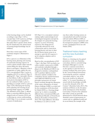 11    eLearningPapers
In-depth




                                                                                                        Work flow


                                                                   LD concept                  LD processes in context                 LD model or template



                                                                Figure 1: Conceptual structure of LD type integration




                is that learning design can be classified       LD (Type 1) is a conceptual construct                way these online learning systems are
                according to type (Type 1: LD as                making explicit epistemological and                  conceptualised and used by lecturing
                concept; Type 2: LD as process, and Type        technological integration attempts by                staff and students. Whereas LMS are
                3: LD as product). It is argued here            the designer of a particular learning                used mainly as resource repositories and
                that unless there is greater clarity about      sequence or series of learning                       for management purposes, LAMS seems
                the LD classification, the advancement          sequences. The design process                        to have a pedagogical focus (see also
                of learning design knowledge may be             is generally informed by social                      Dalziel, 2005).
                inhibited.                                      constructivist and/or connectivist
                                                                learning theories and aims to share
                How these various types of LD                   the LD theory/praxis nexus in an                     Traditional history teaching
                seamlessly integrate is illustrated in          attempt to open the LD sequence/s                    and the new Australian
                Figure 1                                        up for adaption, adoption and/or                     curriculum
                                                                enhancement.
                LD as a process is an illustration of the                                                            History as a learning area has gained
                learning intent, planning and enacting          Based on this conceptualisation of LD                prominence in the new Australian
                of a particular learning sequence in            – Type 1, the Type 2 LD was built as an              curriculum, which is currently being
                context, which includes subject-specific        online module constructed in LAMS                    developed. Although it is not the
                content. What the above discussion              and seamlessly embedded through a                    first time a national curriculum is
                alerts to and Figure 1 illustrates is that it   plug-in in the Blackboard LMS. It was                on the agenda, it is the first time it
                is imperative to make explicit the way          designed to introduce undergraduate                  is being actualised. The reason given
                LD is conceptualised (Type 1), prior to         and/or graduate diploma teacher                      by the current Federal Government
                engaging with LD as a process (Type 2),         education students enrolled in the                   concerning the need for a national
                applying LD – Type 1 principles. Hence,         compulsory Society and Environment                   curriculum, which is “one of the
                in what follows, I offer an alternative,        units (SSE2105/SSE4215) to the                       first in the world to be delivered
                more precise description of LD to               principles and practices of virtual                  online”, is “to ensure Australians are
                the one outlined in Table 1, prior to           history teaching, through the illustration           armed with the knowledge and skills
                providing an example of LD as a process         of the nature and purpose of virtual                 to meet the demands of the 21st
                (Type 2 LD), illustrating the learning          History fieldtrips. LAMS is an ideal tool            Century” (Australian Labor, 2011). The
                intent, planning and enacting of one            for the actualisation of LD, described               inclusion of History in the first phase
                learning design sequence in LAMS.               by Dalziel (2005) as a ‘learning design              of the development of the Australian
                The definition of LD (Type 1) offered           system’ (p. 1), which is remarkably                  Curriculum is based on the realisation
                below is somewhat different from the            different from conventional LMS, such                that today’s young are generally
                adopted work of Cameron (2010) and              as Blackboard, Moodle or Desire2Learn                disinterested in and ill-informed about
                is reflecting my current understanding          (Dobozy, Reynolds,  Schonwetter,                    Australia’s system of government, its
                of LD (Type 1) in an attempt to provide         2011). The major difference described                current role in a globalised world and
                a system of classification:                     by Dobozy et. al. (2011) is in the                   its recent history. An example of the




                eLearning
                Papers
                  www.elearningpapers.eu




                Special edition            Credits   Contents      Editorial Board      Guidelines for submissions         Editorial
 