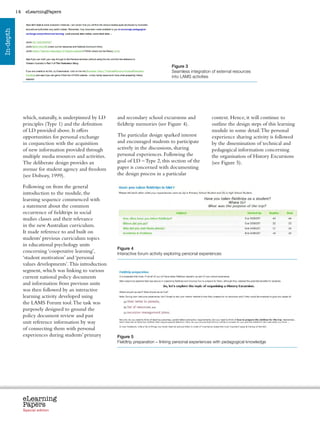 14    eLearningPapers
In-depth




                                                                                             Figure 3
                                                                                             Seamless integration of external resources
                                                                                             into LAMS activities




                which, naturally, is underpinned by LD          and secondary school excursions and                   context. Hence, it will continue to
                principles (Type 1) and the definition          fieldtrip memories (see Figure 4).                    outline the design steps of this learning
                of LD provided above. It offers                                                                       module in some detail. The personal
                opportunities for personal exchange             The particular design sparked interest                experience sharing activity is followed
                in conjunction with the acquisition             and encouraged students to participate                by the dissemination of technical and
                of new information provided through             actively in the discussions, sharing                  pedagogical information concerning
                multiple media resources and activities.        personal experiences. Following the                   the organisation of History Excursions
                The deliberate design provides an               goal of LD – Type 2, this section of the              (see Figure 5).
                avenue for student agency and freedom           paper is concerned with documenting
                (see Dobozy, 1999).                             the design process in a particular

                Following on from the general
                introduction to the module, the
                learning sequence commenced with
                a statement about the common
                occurrence of fieldtrips in social
                studies classes and their relevance
                in the new Australian curriculum.
                It made reference to and built on
                students’ previous curriculum topics
                in educational psychology units
                                                                Figure 4
                concerning ‘cooperative learning’,              Interactive forum activity exploring personal experiences
                ‘student motivation’ and ‘personal
                values developments’. This introduction
                segment, which was linking to various
                current national policy documents
                and information from previous units
                was then followed by an interactive
                learning activity developed using
                the LAMS Forum tool. The task was
                purposely designed to ground the
                policy document review and past
                unit reference information by way
                of connecting them with personal
                experiences during students’ primary            Figure 5
                                                                Fieldtrip preparation – linking personal experiences with pedagogical knowledge




                eLearning
                Papers
                  www.elearningpapers.eu




                Special edition            Credits   Contents      Editorial Board       Guidelines for submissions         Editorial
 