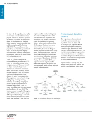 26    eLearningPapers
In-depth




                To deal with these problems, the UPV            implemented in another pilot group                   Preparation of digital-ink
                raised several educational innovation           of a core second-year course called
                projects and one of them was granted            Data Structure and Algorithms that
                                                                                                                     patterns
                by Hewlett Packard in the framework             in contrast with the first experience,               The experiences aforementioned
                of the HP Technology for Teaching               could be considered a Computer                       enabled to generate a catalogue
                Grant Initiative, Transforming Teaching         Science subject rather different from                of patterns based on digital-ink
                and Learning through Technology                 the Computer Engineering course                      technologies (see Appendix A with
                (HP, 2008). The central idea of this            focused in the first experience.                     some pattern samples classified by
                project was to exploit the potential of         Nevertheless, the team in charge of                  categories). The detection of good
                digital ink technologies to deploy a            the HP project realized that the design              practices and satisfactory outcomes was
                more interactive teaching and learning          of the learning experiences based on                 crucial to start such pattern generation
                environment based on the use of Tablet          digital ink technologies in both cases               but another factor can be considered
                PCs and similar devices.                        were very close and similar outcomes                 essential in this process. This factor was
                                                                were obtained (Benlloch et al, 2010).                the need to conceptualize the potential
                Tablet PCs can be considered as                 During the course 2010-2011, new                     of digital-ink technologies.
                traditional laptops including an LCD            experiences were implemented in
                screen on which the user can write                                                                   Figure 2 shows a concept map that
                                                                different Computing disciplines and
                using a special pen. These devices rely                                                              displays some of the basic notions and
                                                                analogous good practices were detected
                on digital ink technology, where a                                                                   actions related with the instructional
                                                                in their implementation.
                digitizer can capture the movement
                of the pen and thus, allowing users to
                put data onto the screen in a natural
                way. Digital inking enhances the
                chances for active learning activities
                allowing actions such as handwriting,
                highlighting, marking, drawing,
                sketching or doodling. The project
                granted by HP equipped a special
                classroom with twenty Tablet PCs
                where several learning experiences were
                developed since the year 2009. The
                first experience was applied during the
                spring 2009 semester to a pilot group
                of Computer Technology, a core first-
                year Computing Engineering course.
                In the next semester, a new case was            Figure 2: Concept map of digital-ink technologies.




                eLearning
                Papers
                  www.elearningpapers.eu




                Special edition            Credits   Contents      Editorial Board      Guidelines for submissions         Editorial
 