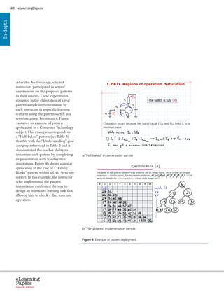 28    eLearningPapers
In-depth




                After this Analysis stage, selected
                instructors participated in several
                experiments on the proposed patterns
                in their courses. These experiments
                consisted in the elaboration of a real
                pattern sample implementation by
                each instructor in a specific learning
                scenario using the pattern sketch as a
                template guide. For instance, Figure
                4a shows an example of pattern
                application in a Computer Technology
                subject. This example corresponds to
                a “Half-baked” pattern (see Table 3)


                                                                                                                                  	
  
                that fits with the “Understanding” goal
                category referenced in Table 2 and it
                demonstrated the teacher ability to
                instantiate such pattern by completing          a) “Half-baked” implementation sample
                its presentation with handwritten
                annotations. Figure 4b shows a similar
                application in the case of a “Filling
                blanks” pattern within a Data Structure
                subject. In this example, the instructor
                who implemented the pattern
                instantiation confirmed the way to
                design an interactive learning task that
                allowed him to check a data structure
                operation.




                                                                b) “Filling blanks” implementation sample


                                                                Figure 4: Example of pattern deployment.




                eLearning
                Papers
                  www.elearningpapers.eu




                Special edition            Credits   Contents      Editorial Board       Guidelines for submissions   Editorial
 