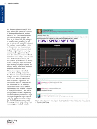 57    eLearningPapers
From the field




                      and share this information with their
                      peers online. This was one of a number
                      of occasions when students achieved
                      a series of very complicated processes;
                      processes that would normally take
                      them up to five periods (250 minutes)
                      to complete were completed in only
                      one or two periods (up to 100 minutes).
                      During these occasions a buzz existed
                      in the classroom and students would
                      be out of their seat asking each other
                      for help, comparing notes and being
                      enthusiastically supportive to their
                      peers. The online medium also offered
                      alternatives which helped some students
                      avoid the face-to-face shyness and
                      awkwardness of other modes of sharing
                      such as exchanging physical sheets of
                      paper, moving into physical groups and
                      standing out the front of the classroom
                      presenting PowerPoint slides.
                      When discussing our networked
                      society, Bonk (2009, p. 327) asserts
                      that this new economy now includes
                      multiple voices and viewpoints that
                      can be raised, debated and extended,
                      based on personal experiences and
                      observations. But who helps to ready
                      our students for such an economy?
                      Figures 5 and 6 are screen clips from
                      the classroom Ning showing examples
                      of these multiple voices. These voices
                      provided supportive and constructive


                                                                                                                                                                 	
  
                      peer feedback that continued to evolve
                      over time through the action research
                      cycle. The teacher/researcher believes
                      that she had far greater success with           Figure 4: How I spend my time project – students collected their own data which they published
                      developing student voices online when            communicated online.
                      comparing peer feedback with her




                      eLearning
                      Papers
                        www.elearningpapers.eu




                      Special edition            Credits   Contents      Editorial Board      Guidelines for submissions      Editorial
 