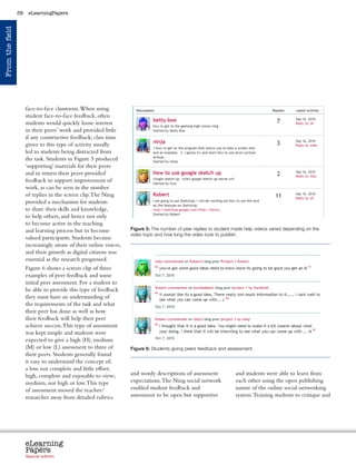 58    eLearningPapers
From the field




                      face-to-face classroom. When using
                      student face-to-face feedback, often
                      students would quickly loose interest
                      in their peers’ work and provided little
                      if any constructive feedback; class time
                      given to this type of activity usually
                      led to students being distracted from
                      the task. Students in Figure 5 produced
                      ‘supporting’ materials for their peers
                      and in return their peers provided
                      feedback to support improvement of
                      work, as can be seen in the number
                      of replies in the screen clip. The Ning


                                                                                                                                                                 	
  
                      provided a mechanism for students
                      to share their skills and knowledge,
                      to help others, and hence not only
                      to become active in the teaching
                      and learning process but to become              Figure 5: The number of peer replies to student made help videos varied depending on the
                                                                      video topic and how long the video took to publish.
                      valued participants. Students became
                      increasingly aware of their online voices,
                      and their growth as digital citizens was
                      essential as the research progressed.
                      Figure 6 shows a screen clip of three
                      examples of peer feedback and some
                      initial peer assessment. For a student to
                      be able to provide this type of feedback
                      they must have an understanding of
                      the requirements of the task and what
                      their peer has done as well as how
                      their feedback will help their peer
                      achieve success. This type of assessment

                                                                                                                                                                 	
  
                      was kept simple and students were
                      expected to give a high (H), medium
                      (M) or low (L) assessment to three of           Figure 6: Students giving peers feedback and assessment.
                      their peers. Students generally found
                      it easy to understand the concept of;
                      a low, not complete and little effort;
                      high, complete and enjoyable to view;           and wordy descriptions of assessment                 and students were able to learn from
                      medium, not high or low. This type              expectations. The Ning social network                each other using the open publishing
                      of assessment moved the teacher/                enabled student feedback and                         nature of the online social networking
                      researcher away from detailed rubrics           assessment to be open but supportive                 system. Training students to critique and




                      eLearning
                      Papers
                        www.elearningpapers.eu




                      Special edition            Credits   Contents      Editorial Board      Guidelines for submissions         Editorial
 