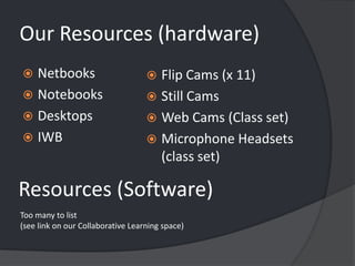 Our Resources (hardware)NetbooksNotebooksDesktopsIWBFlip Cams (x 11)