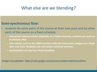 What else are we blending? 
Semi-synchronous flow: 
• students do some parts of the course at their own pace and do other 
parts of the course on a fixed schedule. 
– Instructors release course materials on a fixed schedule, student can work on 
it anytime after 
– Live events, such as live Q&A sessions with the instructors, happen at a fixed 
date and time. Students can also watch archived versions. 
– Assessments are due by a fixed deadline. 
Google CourseBuilder- https://code.google.com/p/course-builder/wiki/CourseFlow 
 
