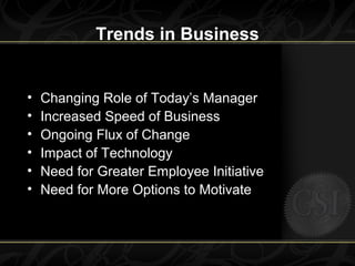 Trends in Business
• Changing Role of Today’s Manager
• Increased Speed of Business
• Ongoing Flux of Change
• Impact of Technology
• Need for Greater Employee Initiative
• Need for More Options to Motivate
 