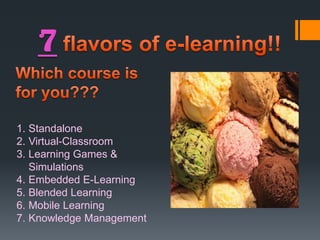 7flavors of e-learning!!Which course is for you???StandaloneVirtual-ClassroomLearning Games & SimulationsEmbedded E-LearningBlended LearningMobile LearningKnowledge Management