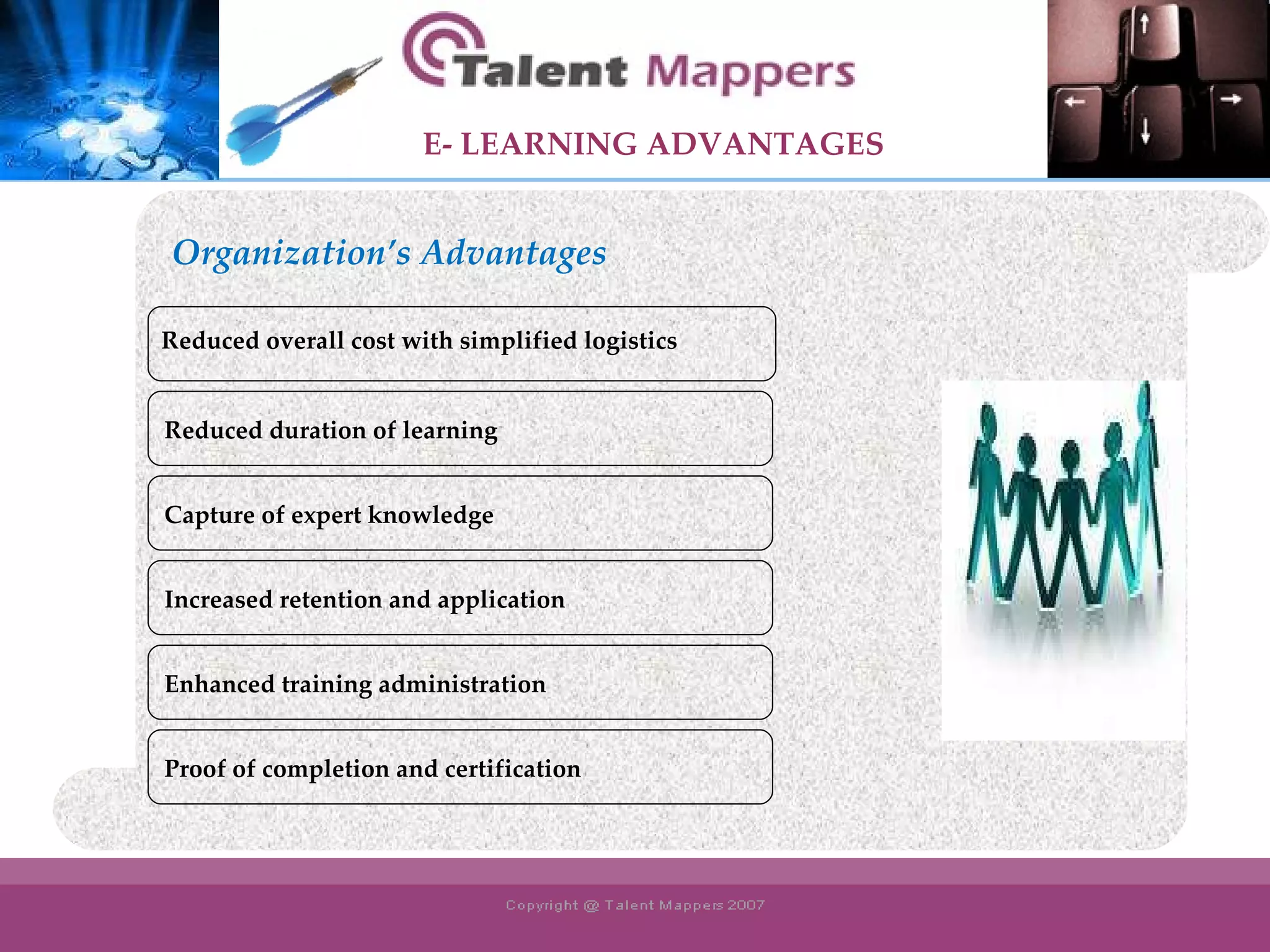Reduced duration of learning Capture of expert knowledge Increased retention and application Enhanced training administration Proof of completion and certification E- LEARNING ADVANTAGES Organization’s Advantages Reduced overall cost with s implified logistics 